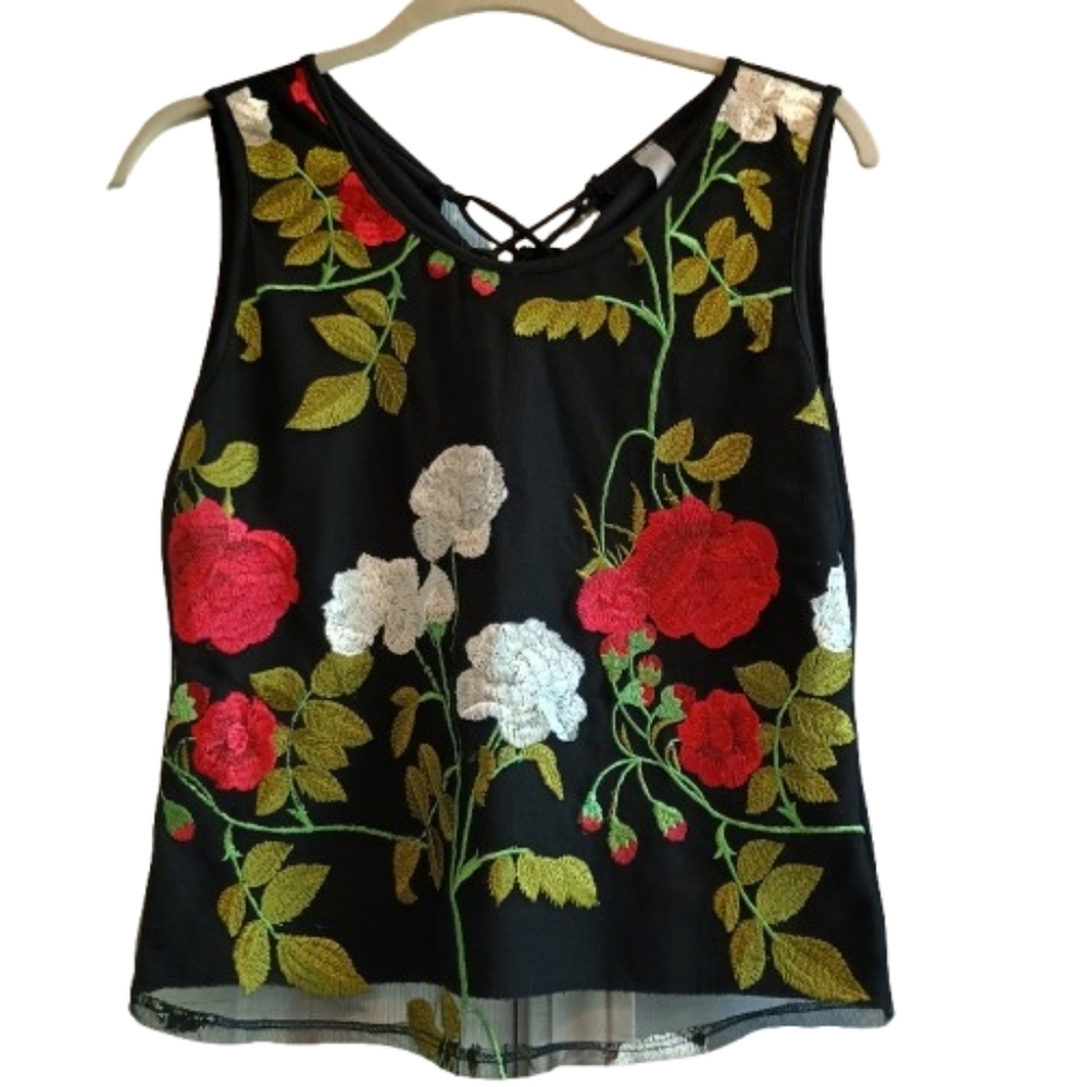 Cheeky USA Women's Camisole Sz M - Floral Embroidered Corset-Style‎ Lace-Up Back
